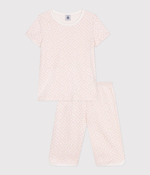 Pijama pirata infantil de algod&oacute;n con estampado de flores blanco/rosa