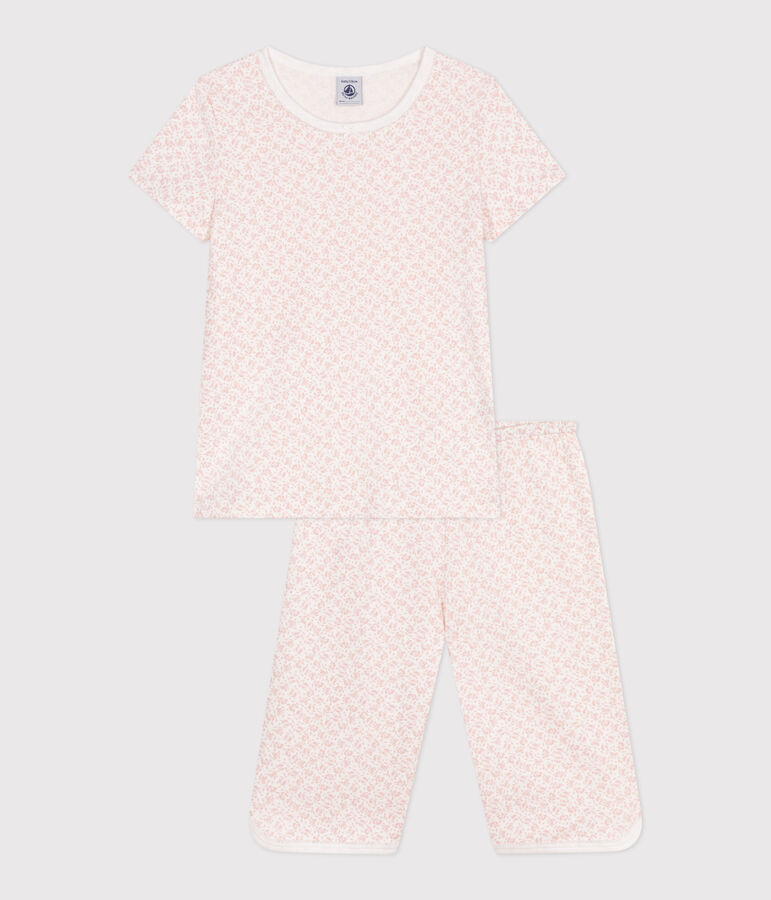 Pijama pirata infantil de algod&oacute;n con estampado de flores blanco/rosa