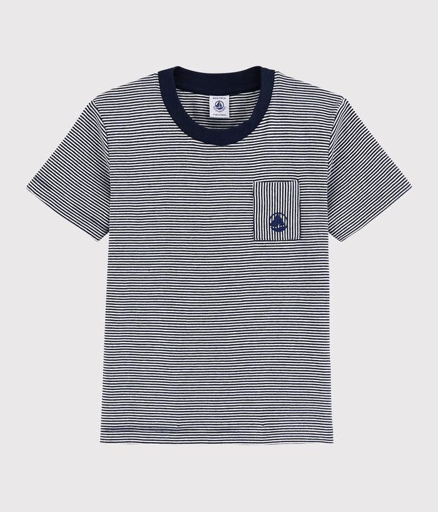 Camiseta de manga corta de algod&oacute;n de ni&ntilde;o azul/blanco