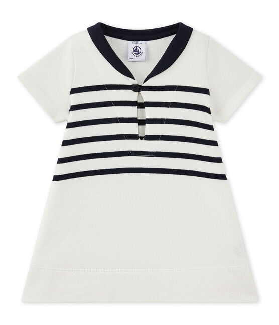 Vestido bebé niña en jersey grueso blanco MARSHMALLOW/azul SMOKING