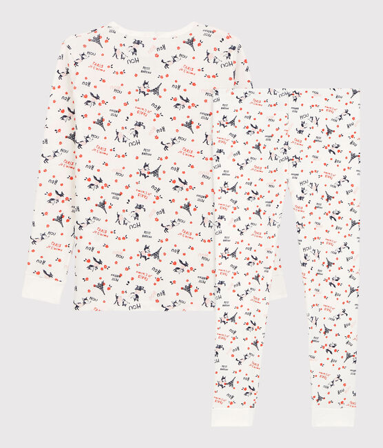 Pijama snugfit con estampado de París de niña de algodón orgánico blanco MARSHMALLOW/blanco MULTICO