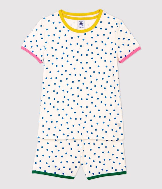 Pijama corto de lunares azules de niña de algodón blanco MARSHMALLOW/ MALLARD