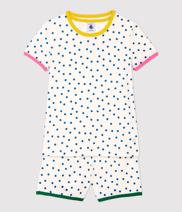 Pijama corto de lunares azules de ni&ntilde;a de algod&oacute;n blanco/azul