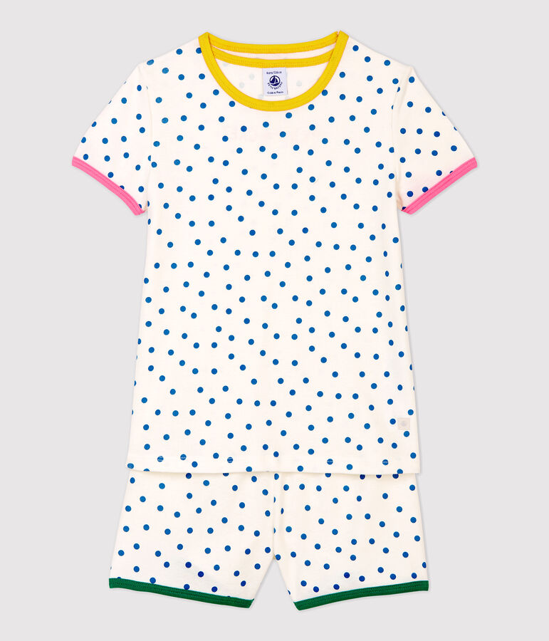 Pijama corto de lunares azules de ni&ntilde;a de algod&oacute;n blanco MARSHMALLOW/ MALLARD