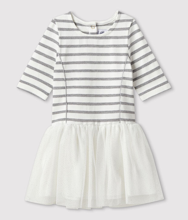 Vestido de manga larga para ni&ntilde;a blanco/gris