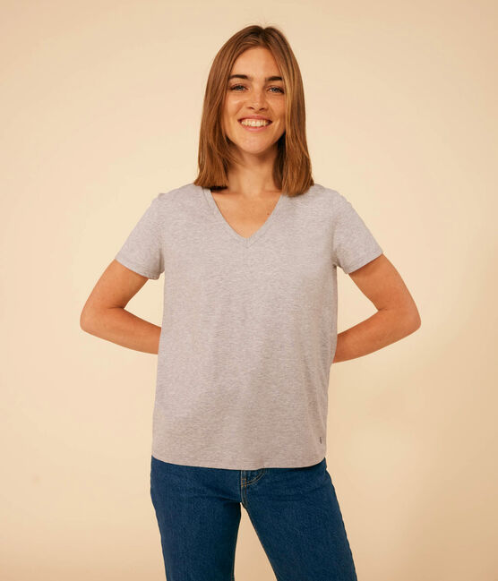 Camiseta LA RECTA de algodón con cuello de pico para mujer gris CHATON CHINE