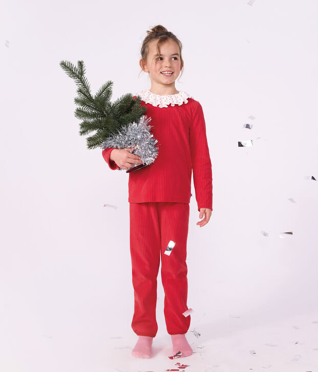 Pijama infantil liso de pana con collar&iacute;n rojo