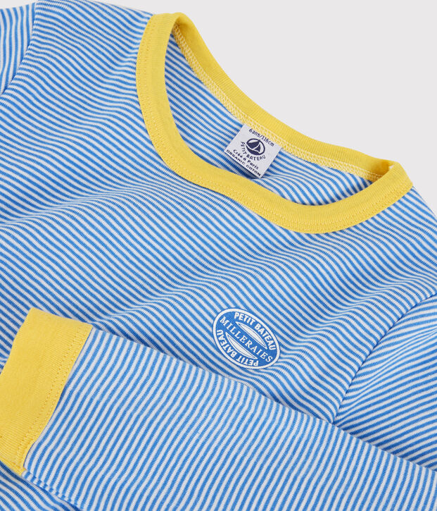 Pijama milrayas de algod&oacute;n org&aacute;nico infantil unisex azul/blanco