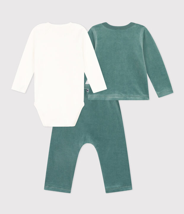 Conjunto de terciopelo y body para beb&eacute; verde