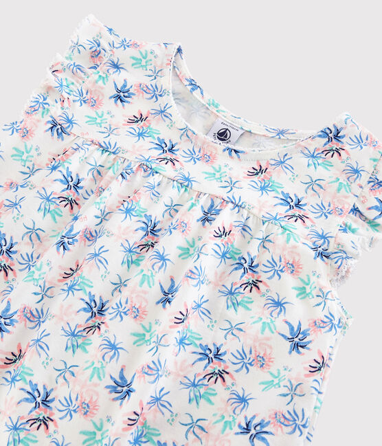 Pijama corto con estampado de anémonas de algodón fino de niña blanco MARSHMALLOW/blanco MULTICO