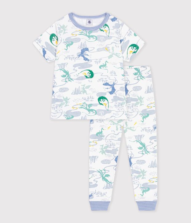 Pijama infantil de algod&oacute;n de manga corta y pierna larga con estampado blanco/multicolor