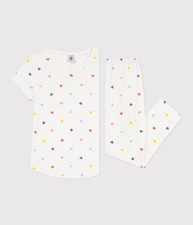 Pijama infantil de algod&oacute;n de manga corta y pierna larga con corazones blanco/multicolor