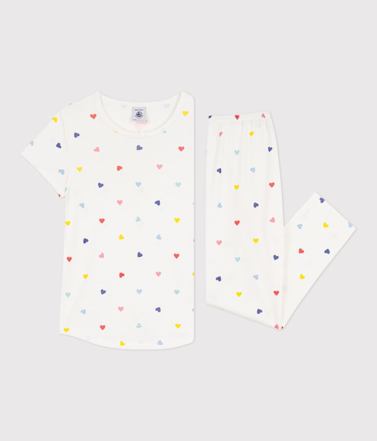 Pijama infantil de algod&oacute;n de manga corta y pierna larga con corazones blanco MARSHMALLOW/blanco MULTICO