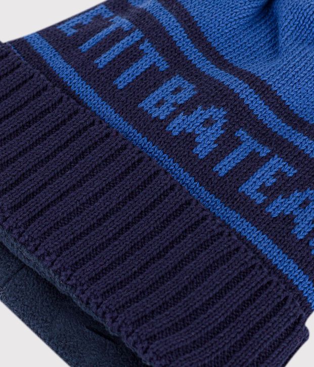 Gorro infantil de punto tricotado de jacquard con forro polar azul/azul
