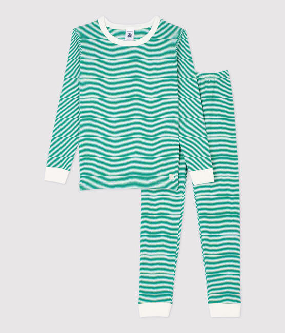 Pijama snugfit milrayas de niño de algodón orgánico verde PIVERT/blanco MARSHMALLOW