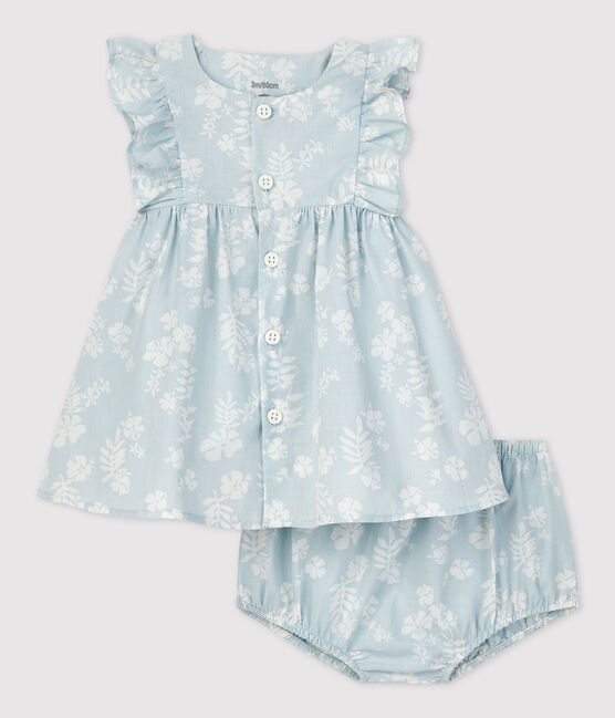 Vestido con braguita «bloomer» con estampado hawaiano de popelina orgánica para bebé. PLEINAIR/ MARSHMALLOW