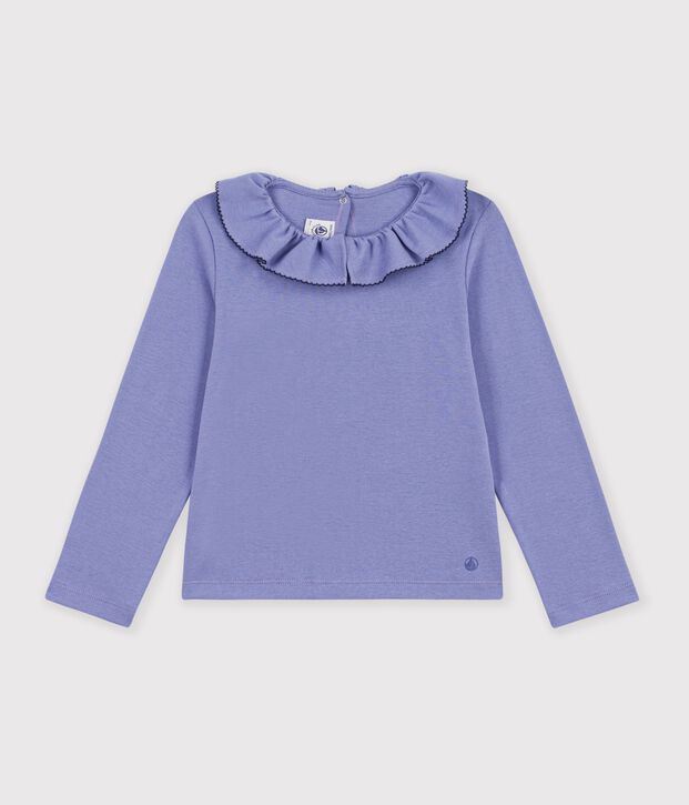 Camiseta infantil lisa de algod&oacute;n con cuello de manga larga violeta