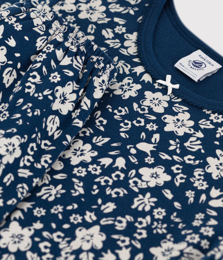 Pijama corto de algod&oacute;n con flor para ni&ntilde;a azul/blanco