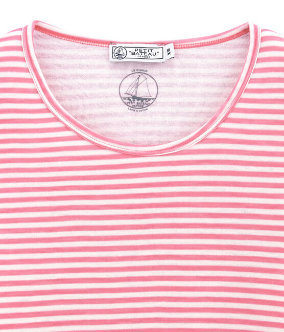 Camiseta de manga larga de algodón y lana para mujer rosa CHEEK/blanco MARSHMALLOW