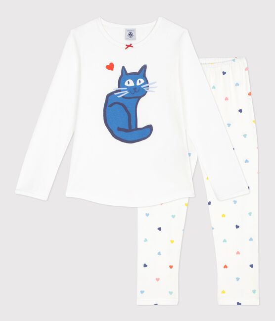 Pijama infantil de algodón con estampado de gato blanco MARSHMALLOW/blanco MULTICO