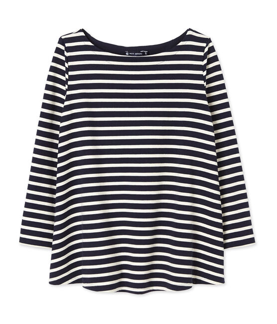 Top de mujer marinero en punto grueso azul SMOKING/beige COQUILLE