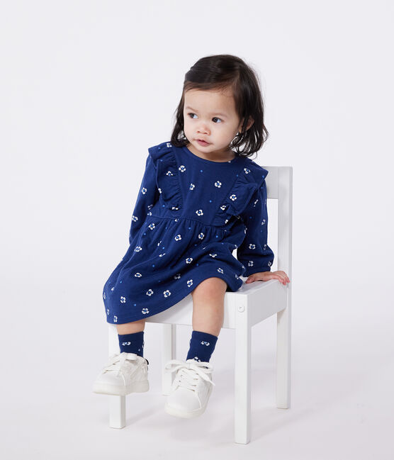 Vestido de algodón de manga larga con estampado de flores para bebé azul MEDIEVAL/blanco MULTICO
