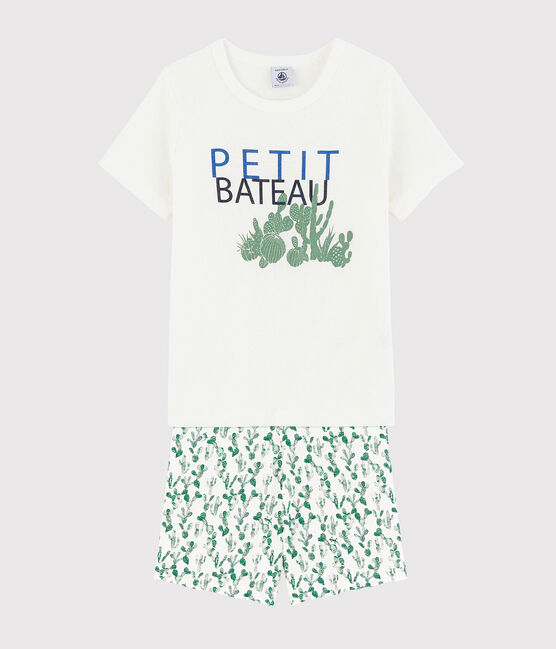 Pijama corto de cactus de algodón y lino de niño blanco MARSHMALLOW/blanco MULTICO