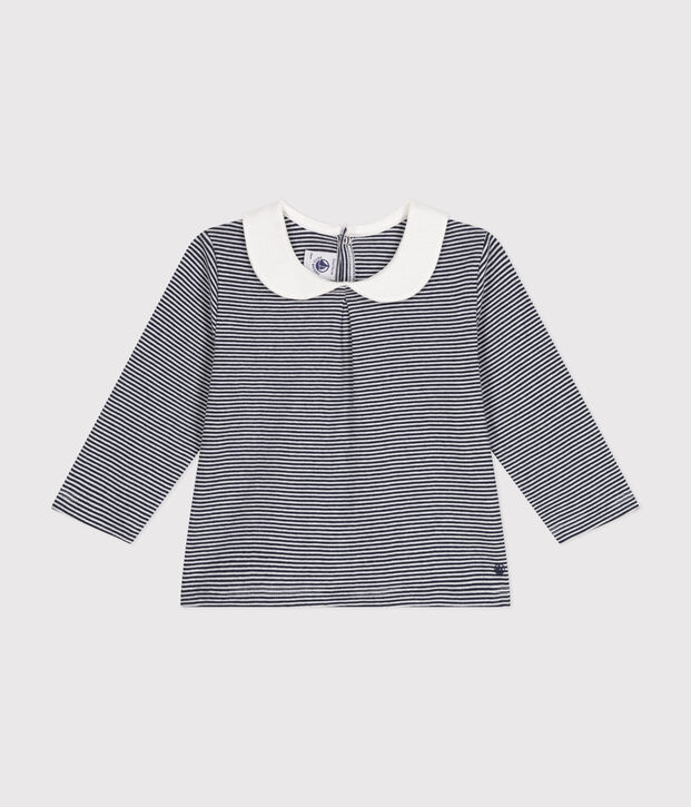 Blusa de algod&oacute;n con cuello para beb&eacute; azul/blanco
