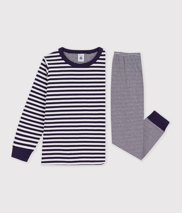 Pijama infantil de t&uacute;bico a rayas azul/crudo