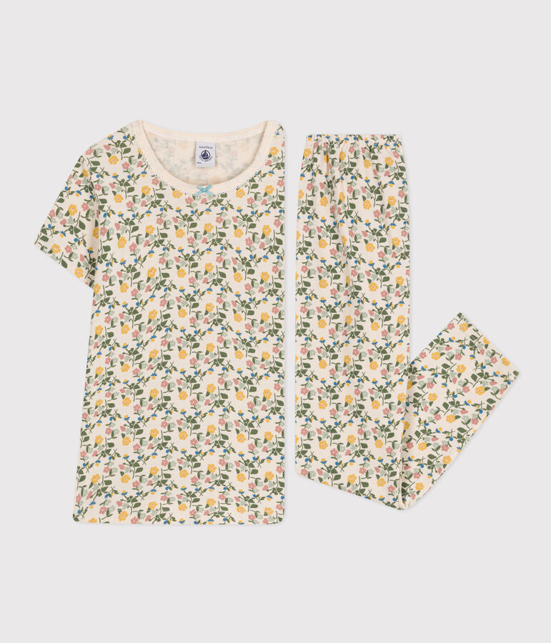 Pijama infantil de algod&oacute;n con estampado de flores crudo/multicolor