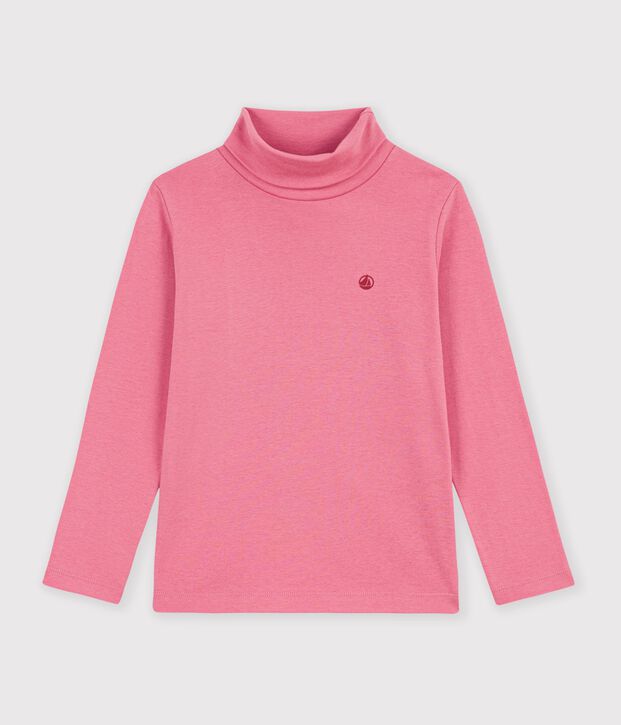 Camiseta infantil lisa de cuello alto de algod&oacute;n rosa