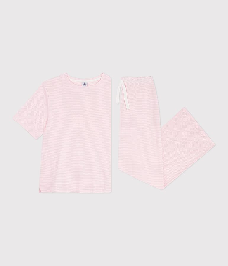 Pijama de algod&oacute;n a rayas de pernera ancha para mujer rosa/blanco