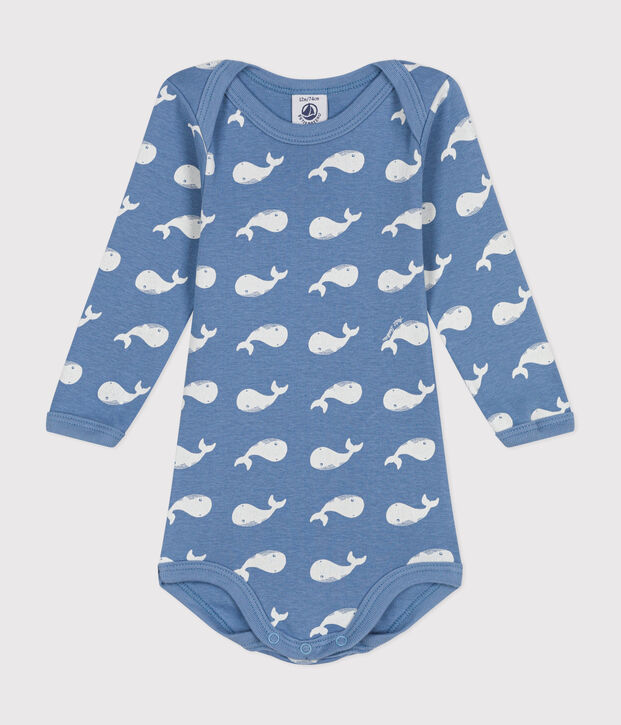 Body de manga larga de algod&oacute;n para beb&eacute; azul/blanco