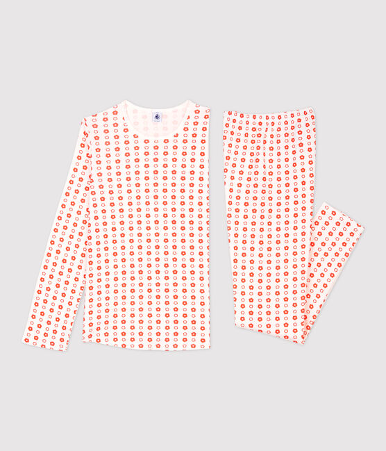 Pijama con estampado de flores con estampado de flores gráficos de niña de algodón orgánico blanco MARSHMALLOW/ SPICY