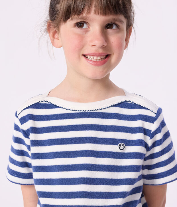 Camiseta infantil de manga corta de algod&oacute;n a rayas azul/blanco