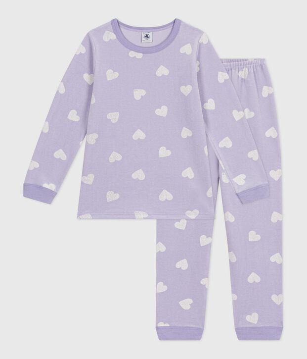 Pijama infantil de terciopelo con estampado de corazones violeta/blanco