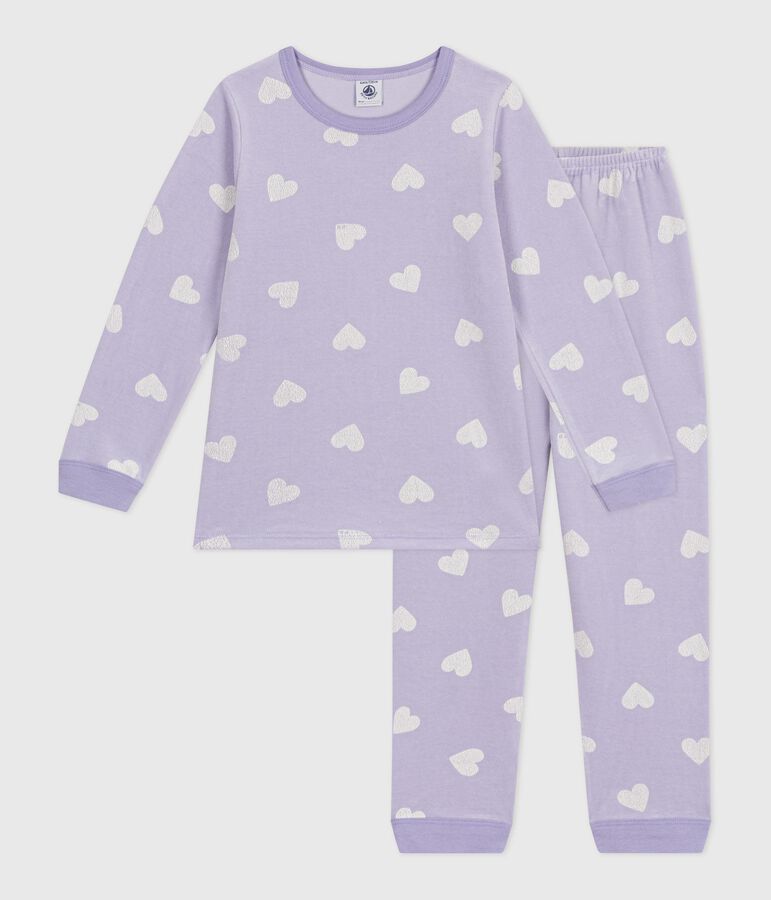 Pijama infantil de terciopelo con estampado de corazones violeta/blanco
