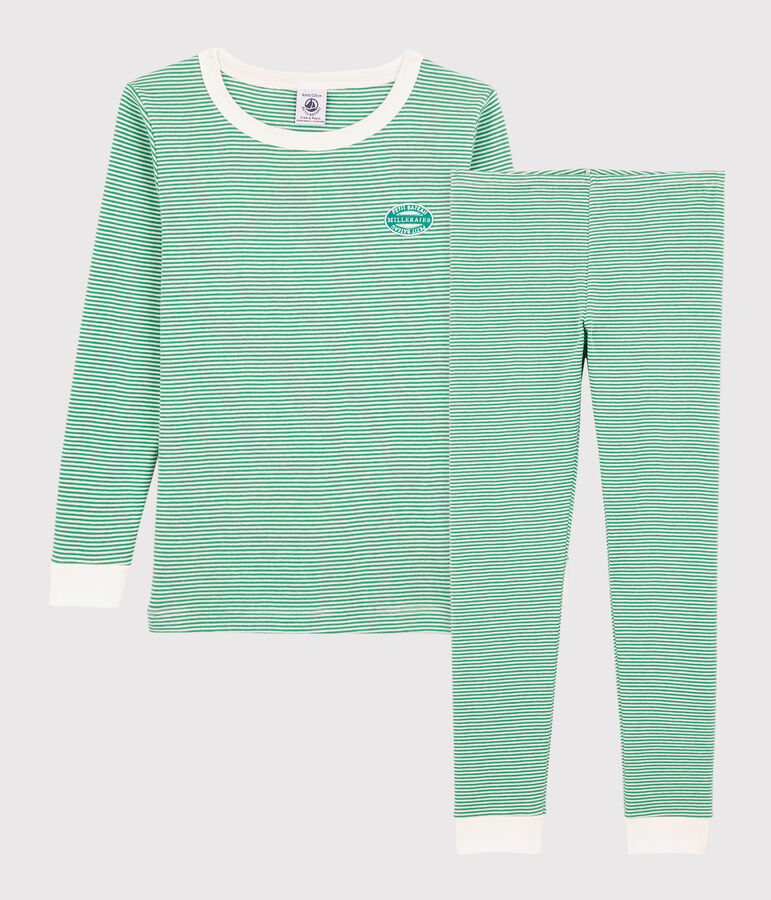 Pijama snugfit a rayas verdes de algod&oacute;n org&aacute;nico de ni&ntilde;o verde/blanco