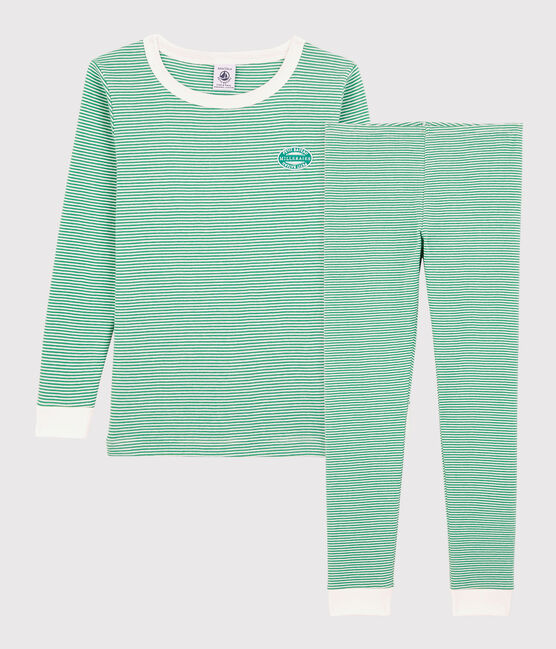 Pijama snugfit a rayas verdes de algodón orgánico de niño verde GAZON/blanco MARSHMALLOW