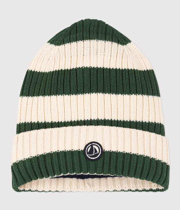 Gorro a rayas de punto con forro de tejido polar de ni&ntilde;o/ni&ntilde;a verde/crudo
