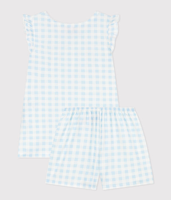 Pijama corto de algodón fino con estampado vichy para niña azul MARSHMALLOW/blanco GOMME