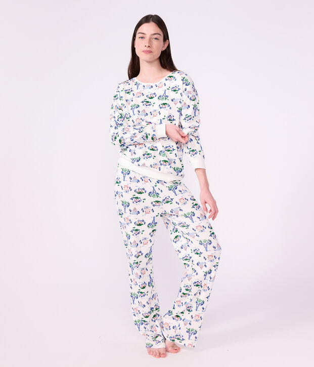 Pijama de algod&oacute;n con estampado de Par&iacute;s para mujer blanco/multicolor