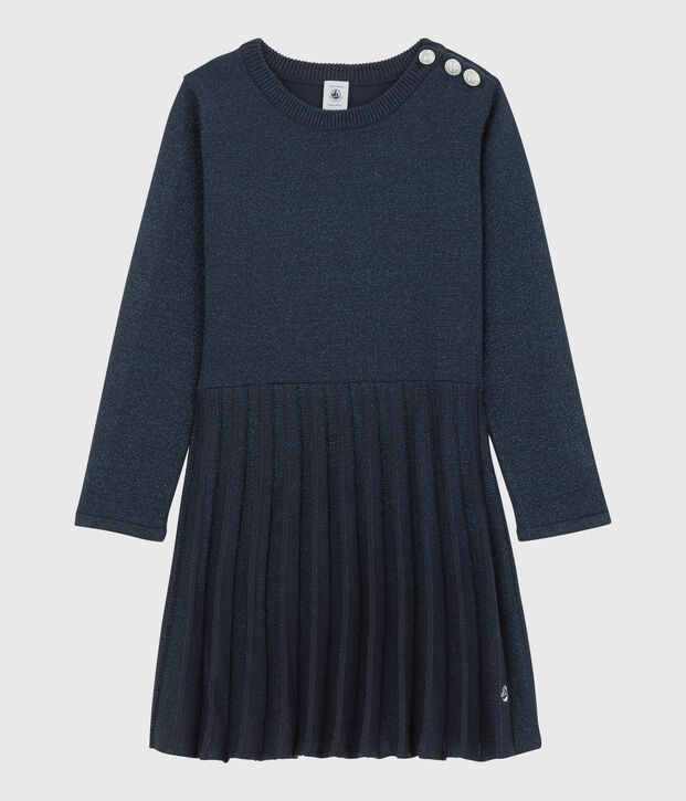 Vestido de manga larga de algod&oacute;n de ni&ntilde;a azul
