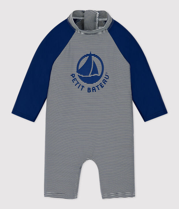 Mono anti-UV de material reciclado para beb&eacute; azul/blanco