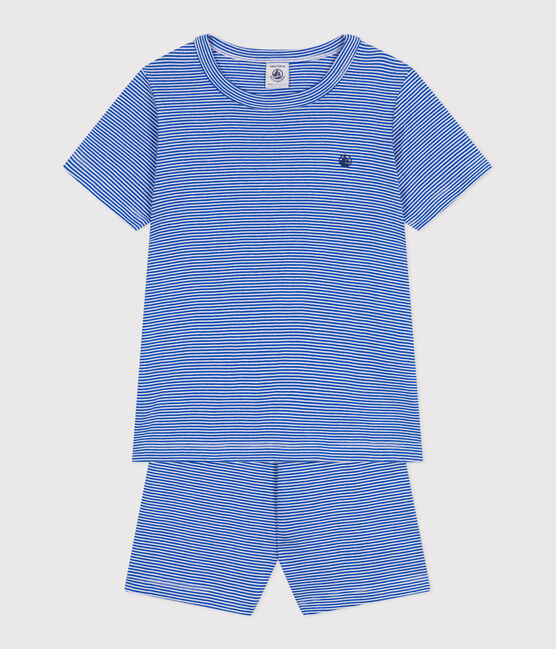 Pijama infantil corto de algodón a rayas azul PERSE/blanco MARSHMALLOW