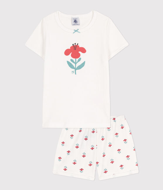 Pijama corto de algodón con flores para niña blanco MARSHMALLOW/blanco MULTICO