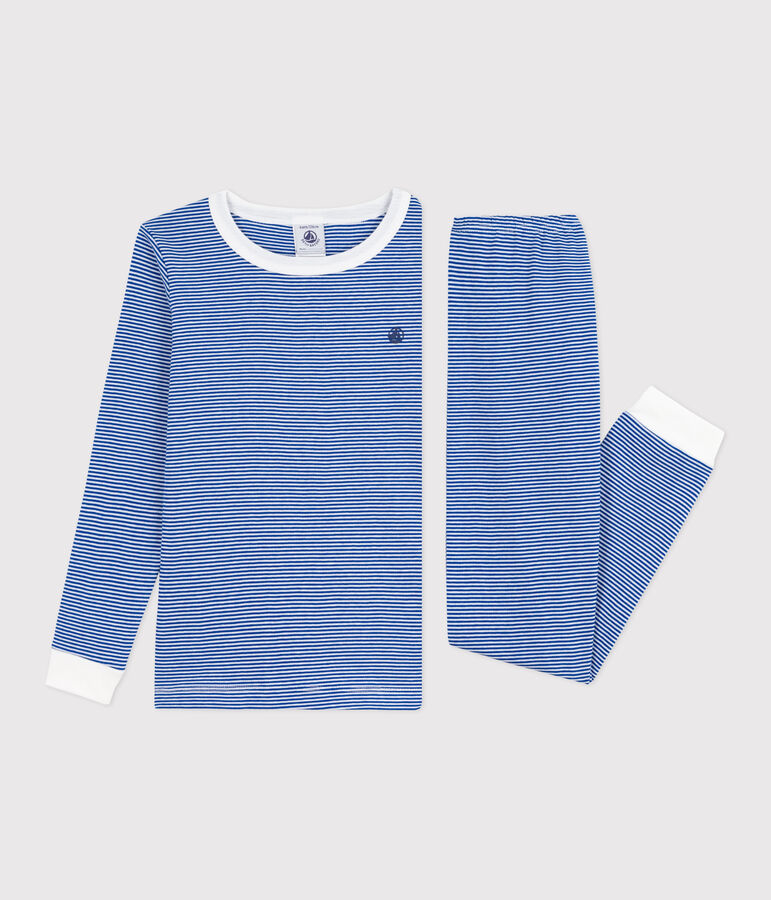 Pijama infantil de algod&oacute;n con pierna muy ajustada a rayas azul/blanco