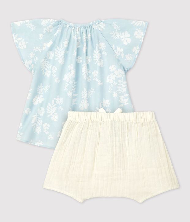 Conjunto de dos piezas con estampado hawaiano de popelina ecol&oacute;gica de beb&eacute; azul/blanco