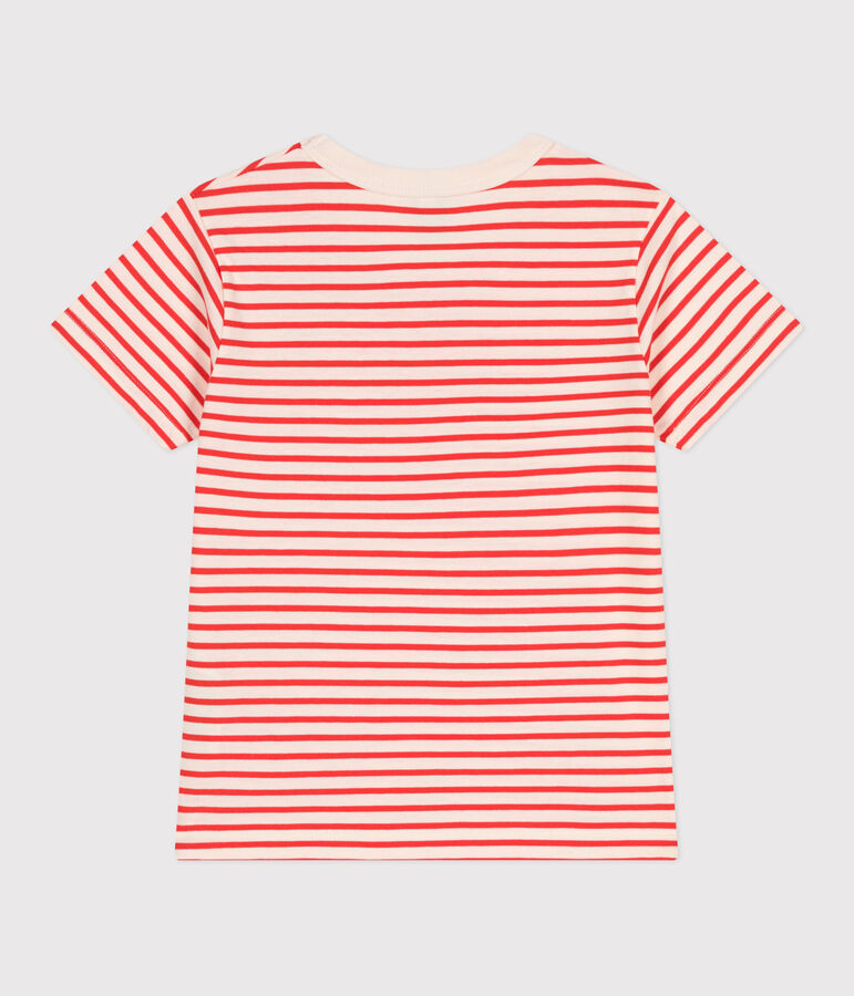 Camiseta infantil de manga corta de algod&oacute;n con rayas crudo/rojo