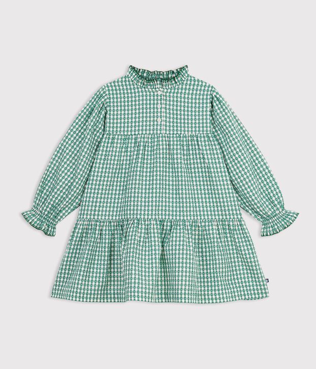 Vestido vichy infantil de popelina de manga larga verde/blanco